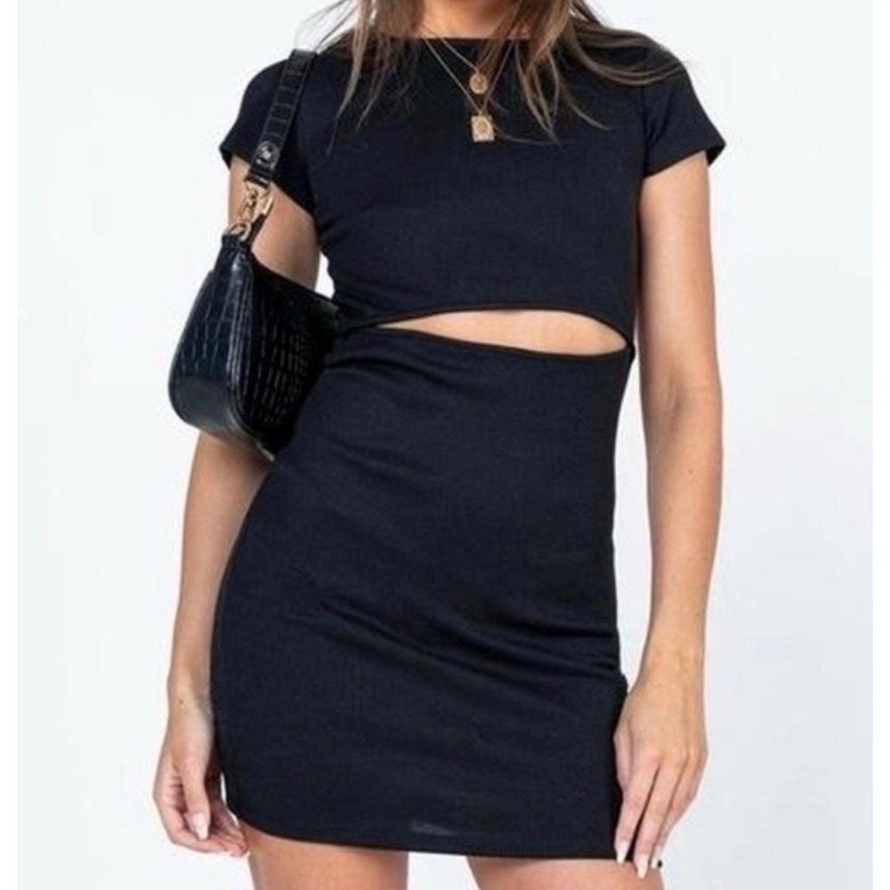 Princess Polly Black Ribbed Cutout Mini Dress Short Sleeve Bodycon US 8